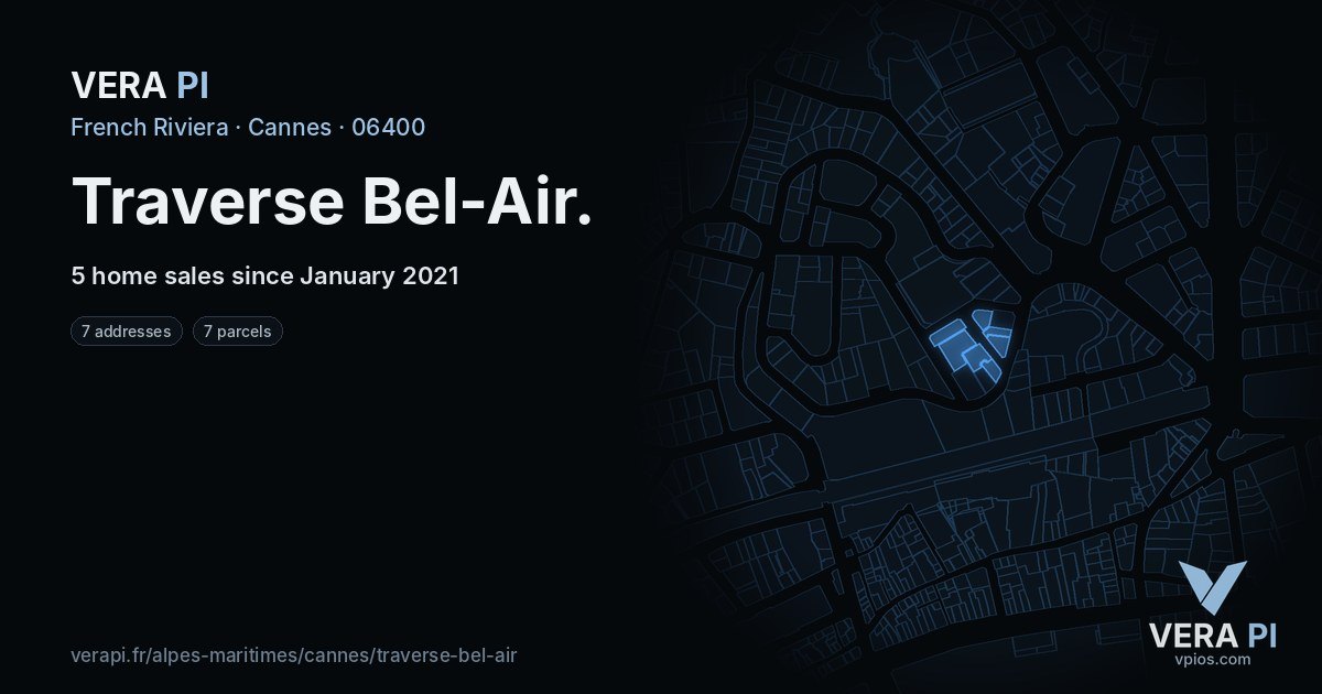 Traverse Bel-Air, Cannes at night – every parcel coloured by the prices around it, the street's own parcels lit