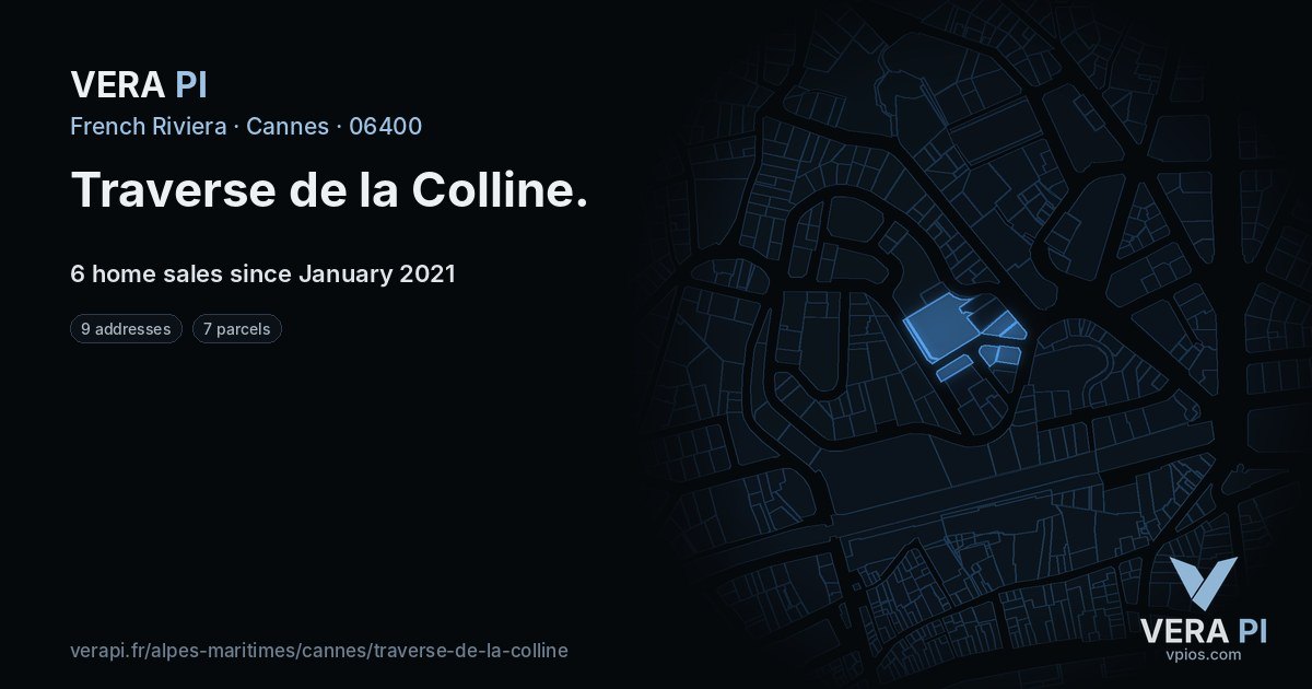 Traverse de la Colline, Cannes at night – every parcel coloured by the prices around it, the street's own parcels lit