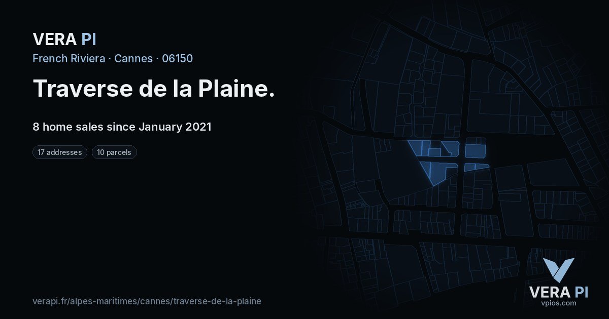 Traverse de la Plaine, Cannes at night – every parcel coloured by the prices around it, the street's own parcels lit