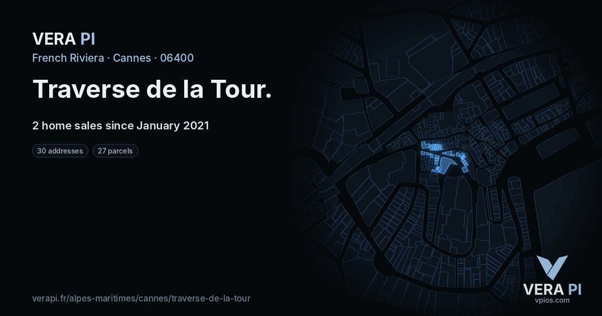 Traverse de la Tour, Cannes at night – every parcel coloured by the prices around it, the street's own parcels lit