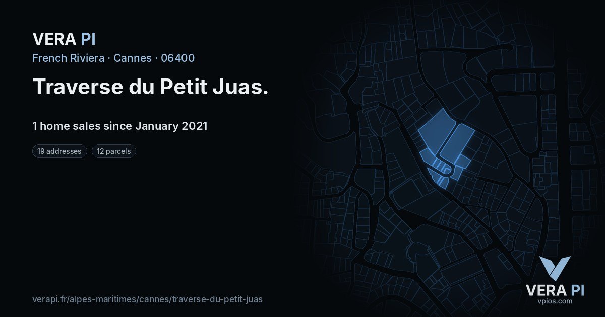 Traverse du Petit Juas, Cannes at night – every parcel coloured by the prices around it, the street's own parcels lit