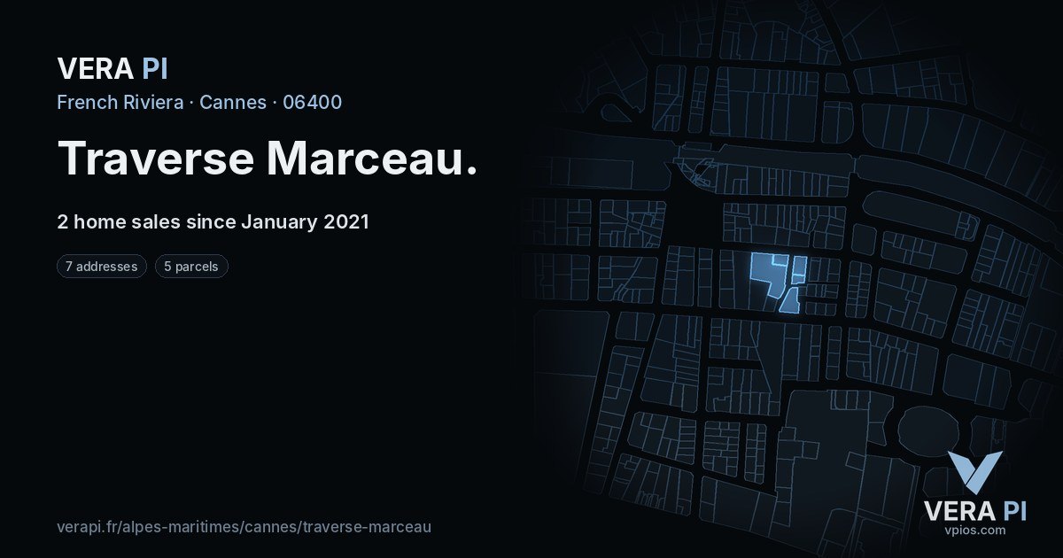 Traverse Marceau, Cannes at night – every parcel coloured by the prices around it, the street's own parcels lit
