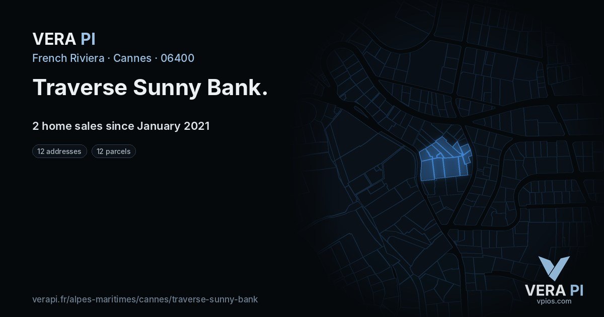 Traverse Sunny Bank, Cannes at night – every parcel coloured by the prices around it, the street's own parcels lit