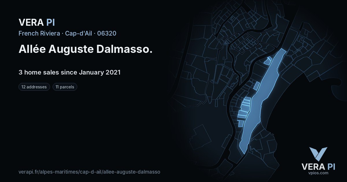 Allée Auguste Dalmasso, Cap-d'Ail at night – every parcel coloured by the prices around it, the street's own parcels lit