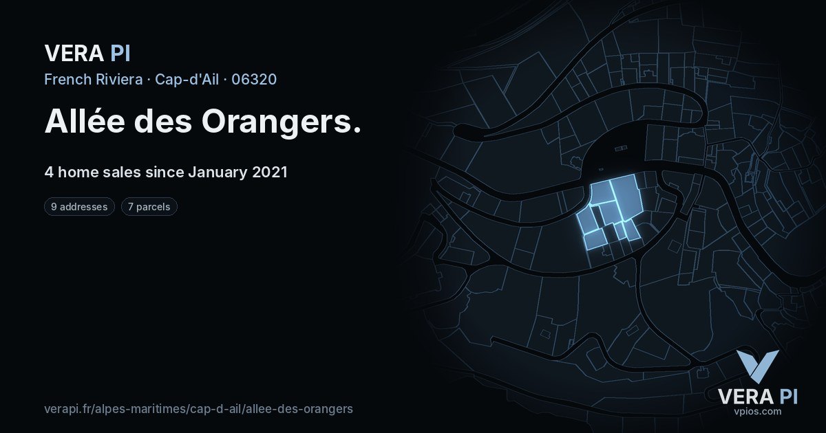 Allée des Orangers, Cap-d'Ail at night – every parcel coloured by the prices around it, the street's own parcels lit