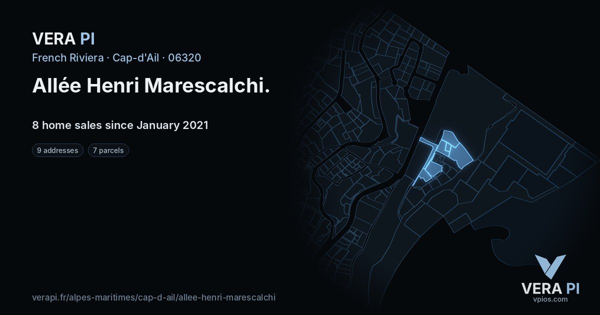Allée Henri Marescalchi, Cap-d'Ail at night – every parcel coloured by the prices around it, the street's own parcels lit