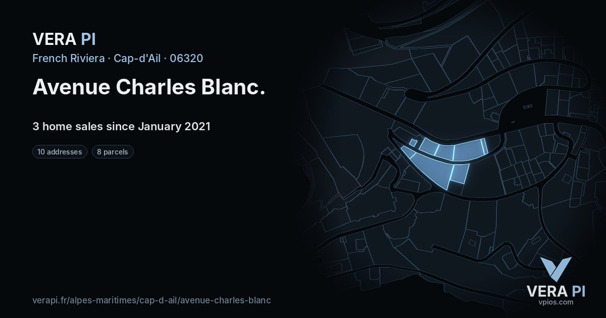 Avenue Charles Blanc, Cap-d'Ail at night – every parcel coloured by the prices around it, the street's own parcels lit