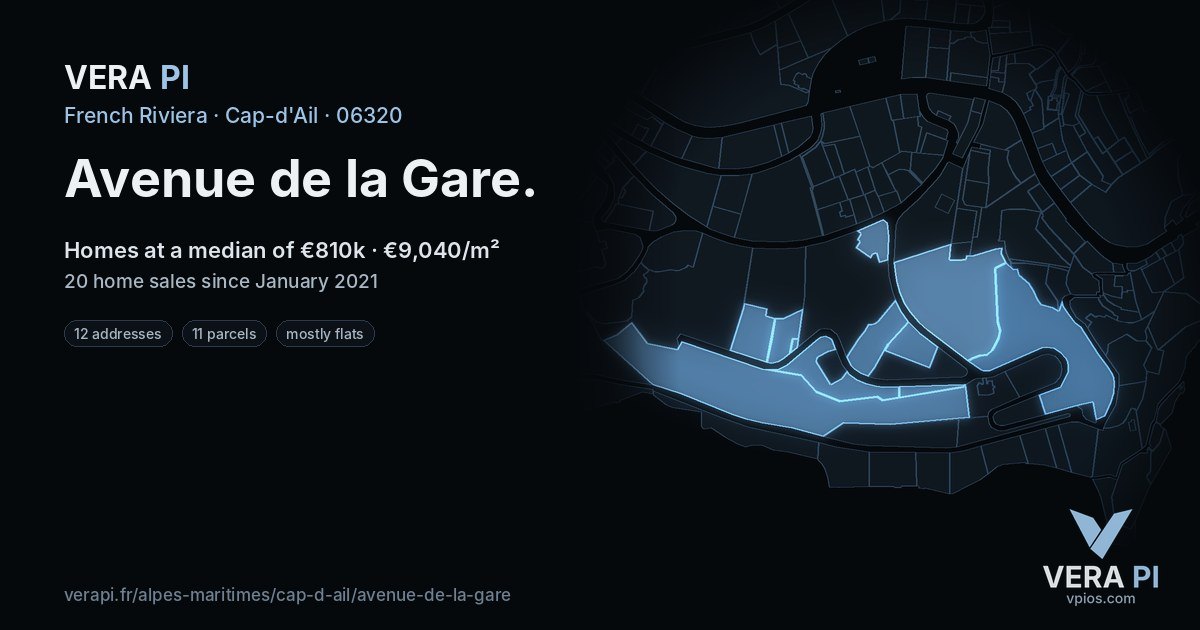 Avenue de la Gare, Cap-d'Ail at night – every parcel coloured by the prices around it, the street's own parcels lit