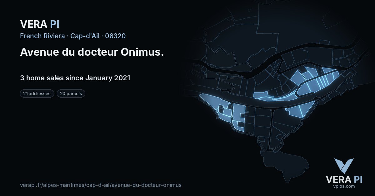 Avenue du docteur Onimus, Cap-d'Ail at night – every parcel coloured by the prices around it, the street's own parcels lit