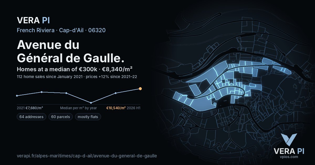 Avenue du Général de Gaulle, Cap-d'Ail at night – every parcel coloured by the prices around it, the street's own parcels lit