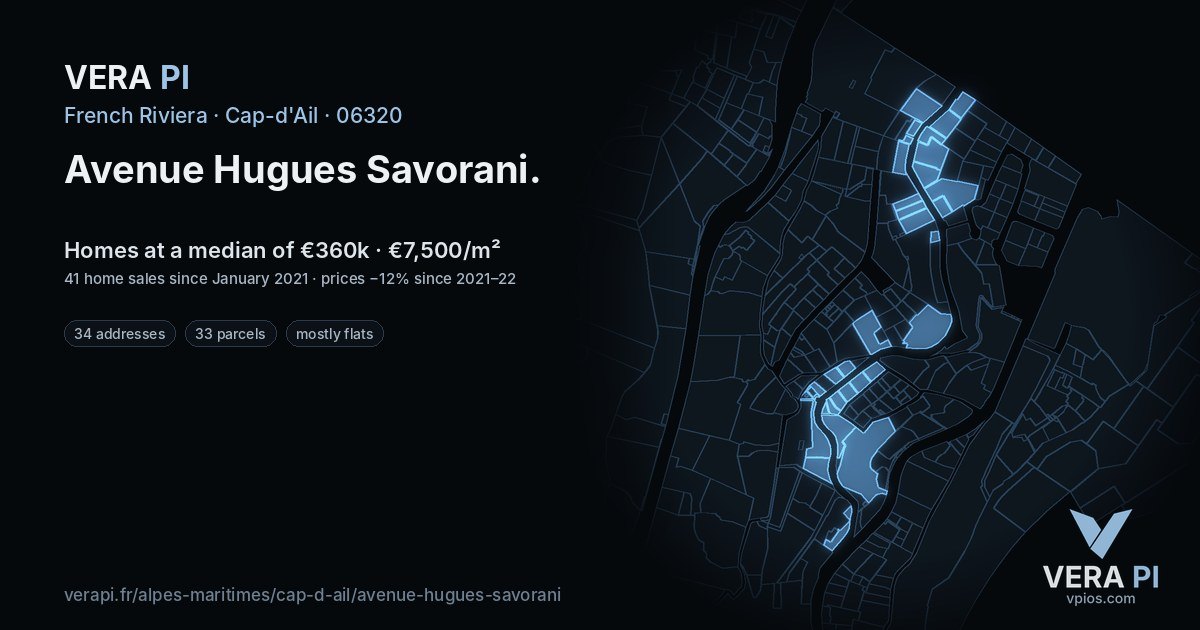 Avenue Hugues Savorani, Cap-d'Ail at night – every parcel coloured by the prices around it, the street's own parcels lit