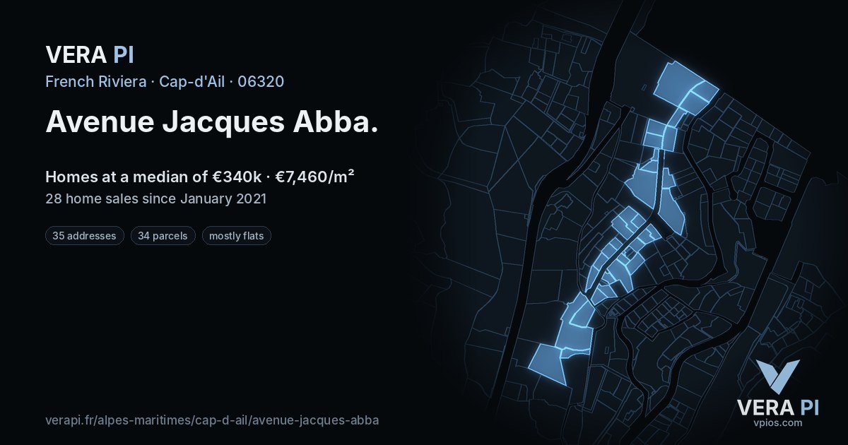 Avenue Jacques Abba, Cap-d'Ail at night – every parcel coloured by the prices around it, the street's own parcels lit