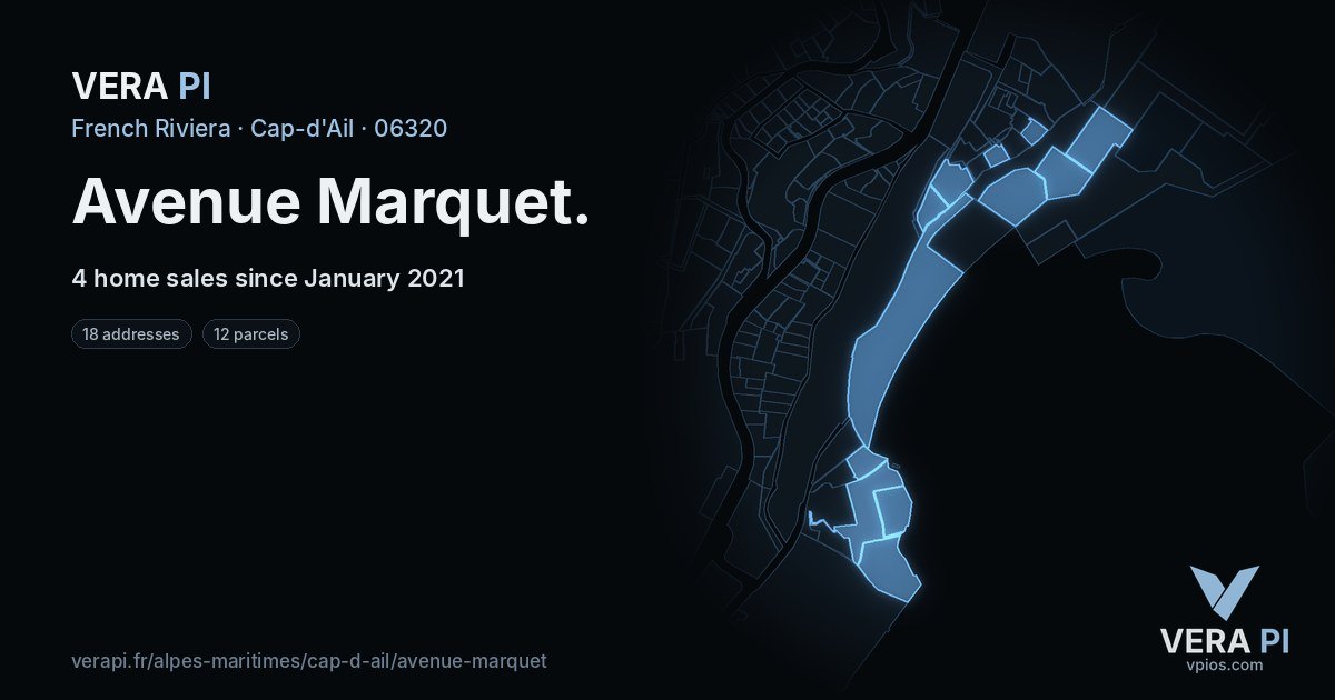 Avenue Marquet, Cap-d'Ail at night – every parcel coloured by the prices around it, the street's own parcels lit