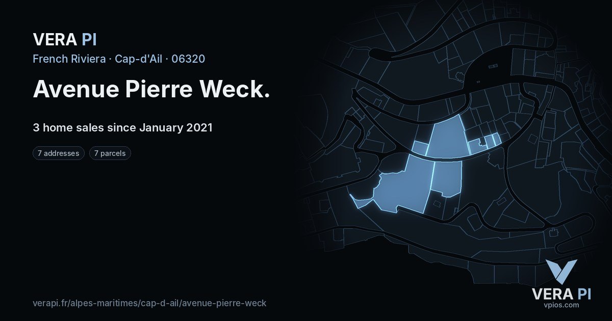 Avenue Pierre Weck, Cap-d'Ail at night – every parcel coloured by the prices around it, the street's own parcels lit