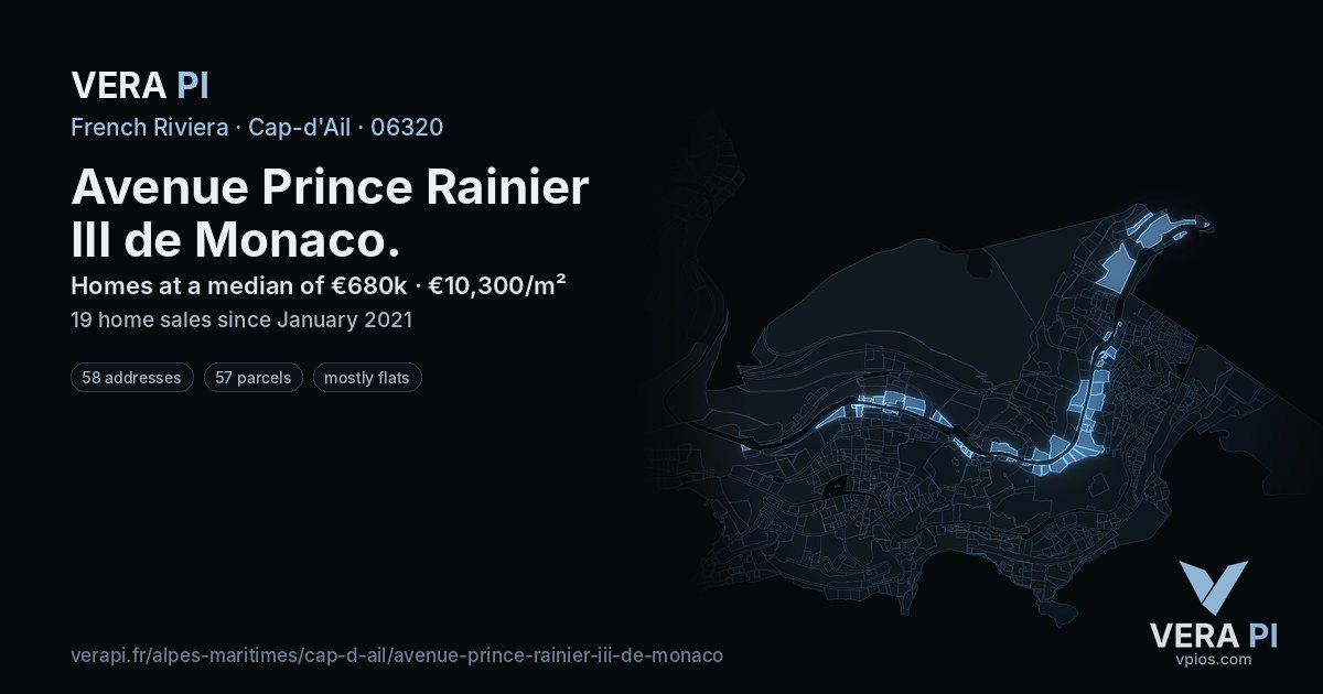 Avenue Prince Rainier III de Monaco, Cap-d'Ail at night – every parcel coloured by the prices around it, the street's own parcels lit