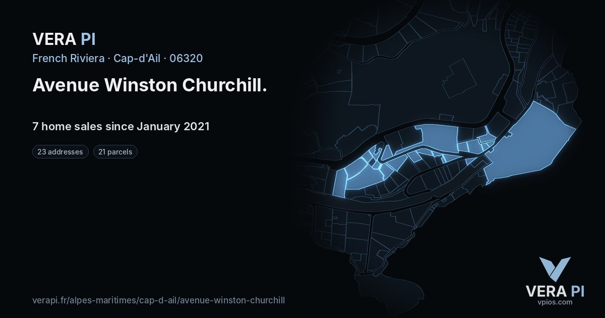Avenue Winston Churchill, Cap-d'Ail at night – every parcel coloured by the prices around it, the street's own parcels lit