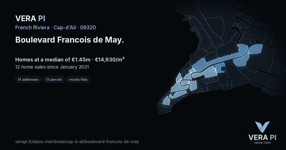 Boulevard Francois de May, Cap-d'Ail at night – every parcel coloured by the prices around it, the street's own parcels lit