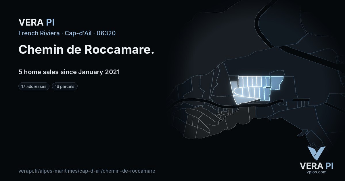 Chemin de Roccamare, Cap-d'Ail at night – every parcel coloured by the prices around it, the street's own parcels lit