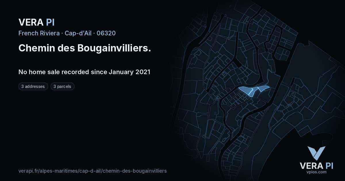 Chemin des Bougainvilliers, Cap-d'Ail at night – every parcel coloured by the prices around it, the street's own parcels lit