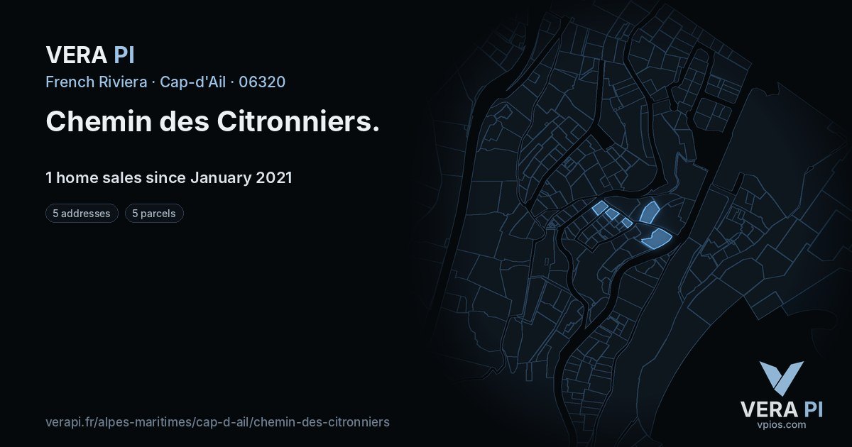 Chemin des Citronniers, Cap-d'Ail at night – every parcel coloured by the prices around it, the street's own parcels lit