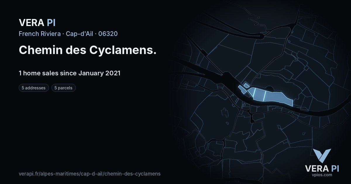 Chemin des Cyclamens, Cap-d'Ail at night – every parcel coloured by the prices around it, the street's own parcels lit
