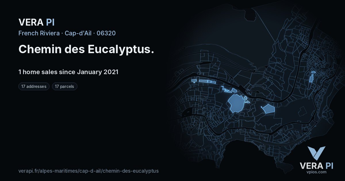 Chemin des Eucalyptus, Cap-d'Ail at night – every parcel coloured by the prices around it, the street's own parcels lit