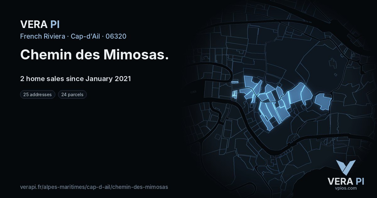 Chemin des Mimosas, Cap-d'Ail at night – every parcel coloured by the prices around it, the street's own parcels lit