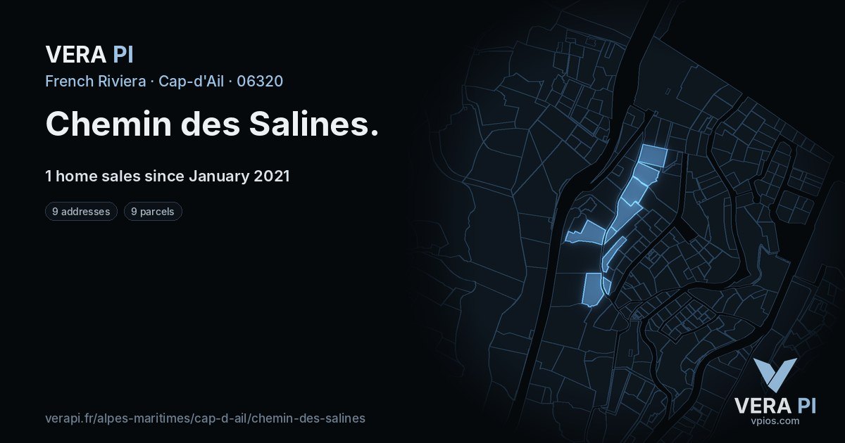 Chemin des Salines, Cap-d'Ail at night – every parcel coloured by the prices around it, the street's own parcels lit