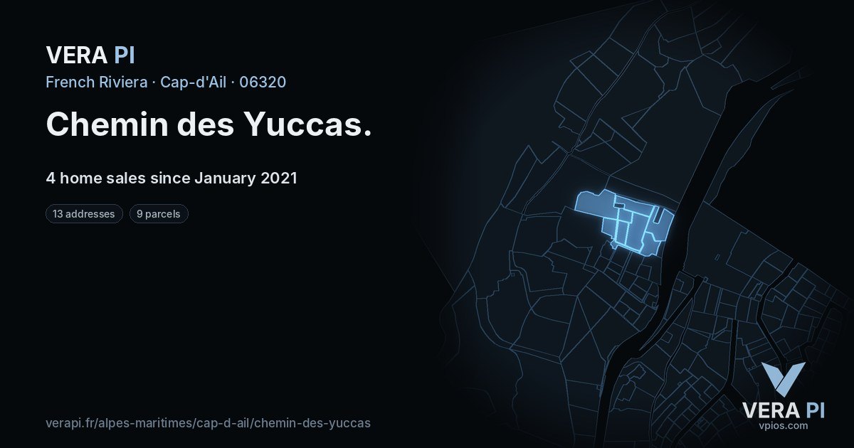Chemin des Yuccas, Cap-d'Ail at night – every parcel coloured by the prices around it, the street's own parcels lit