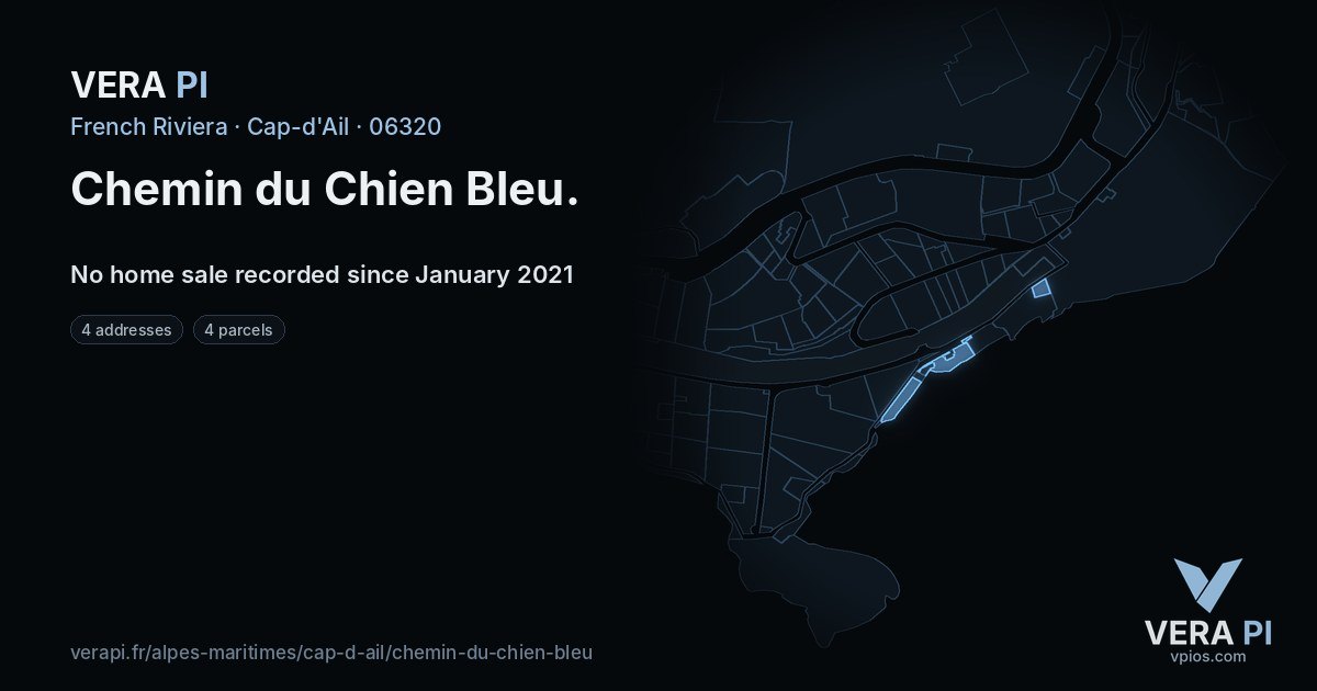 Chemin du Chien Bleu, Cap-d'Ail at night – every parcel coloured by the prices around it, the street's own parcels lit