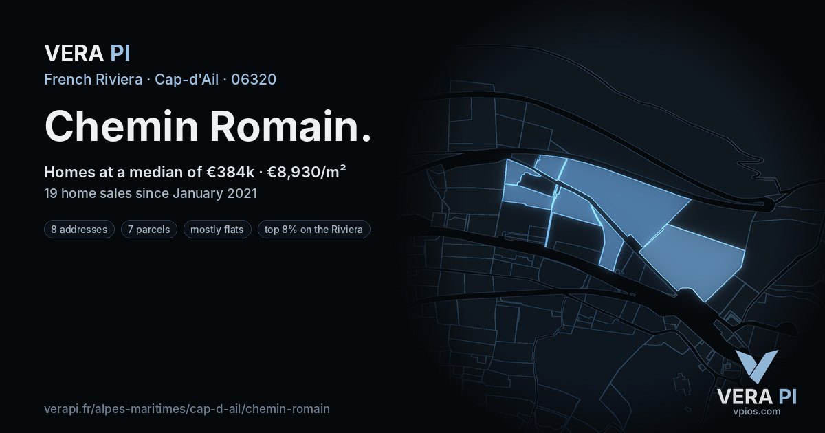 Chemin Romain, Cap-d'Ail at night – every parcel coloured by the prices around it, the street's own parcels lit