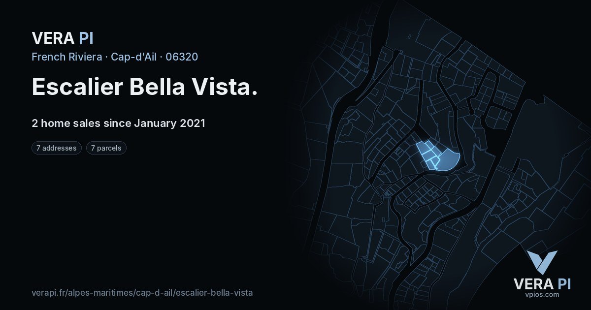 Escalier Bella Vista, Cap-d'Ail at night – every parcel coloured by the prices around it, the street's own parcels lit