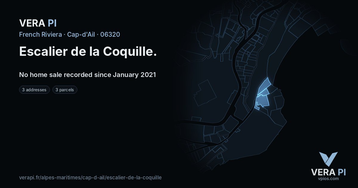 Escalier de la Coquille, Cap-d'Ail at night – every parcel coloured by the prices around it, the street's own parcels lit