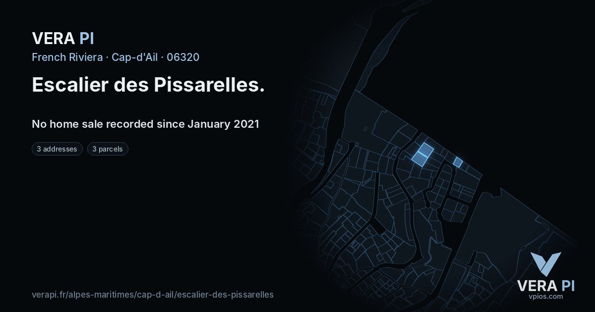 Escalier des Pissarelles, Cap-d'Ail at night – every parcel coloured by the prices around it, the street's own parcels lit