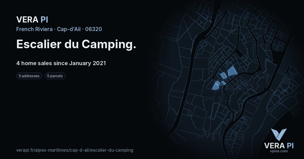 Escalier du Camping, Cap-d'Ail at night – every parcel coloured by the prices around it, the street's own parcels lit