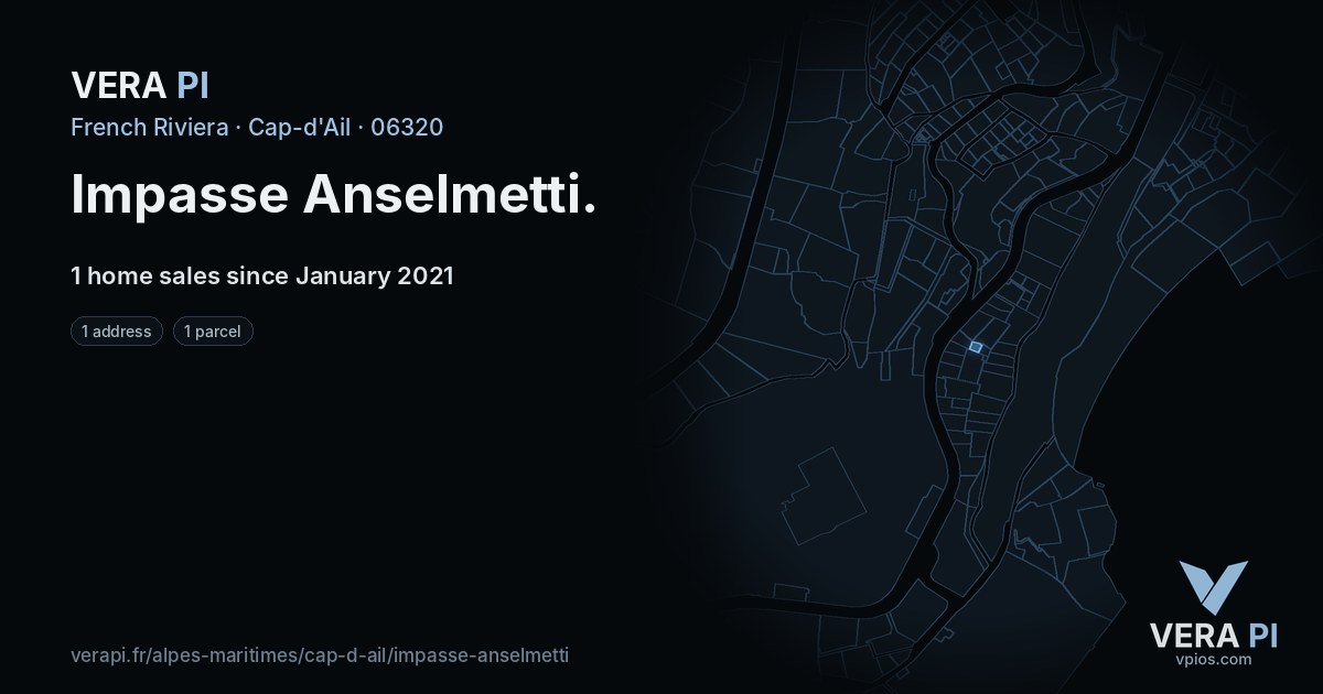 Impasse Anselmetti, Cap-d'Ail at night – every parcel coloured by the prices around it, the street's own parcels lit