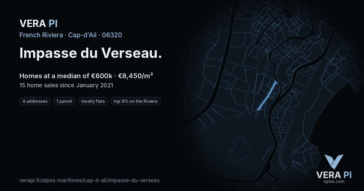 Impasse du Verseau, Cap-d'Ail at night – every parcel coloured by the prices around it, the street's own parcels lit