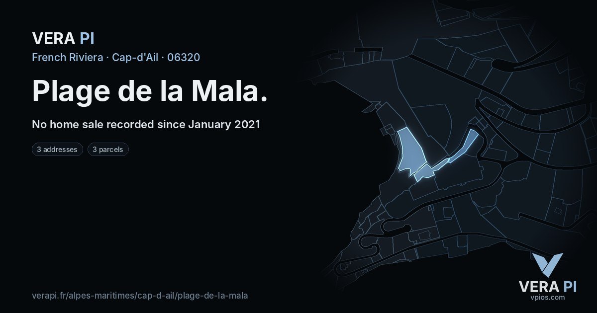 Plage de la Mala, Cap-d'Ail at night – every parcel coloured by the prices around it, the street's own parcels lit