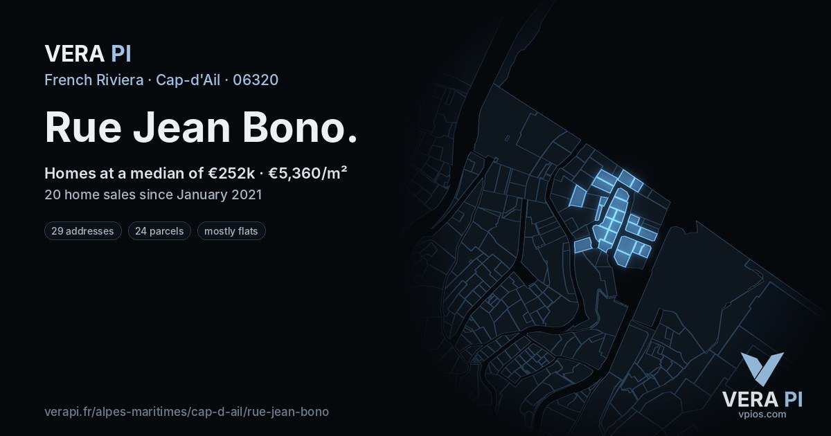 Rue Jean Bono, Cap-d'Ail at night – every parcel coloured by the prices around it, the street's own parcels lit