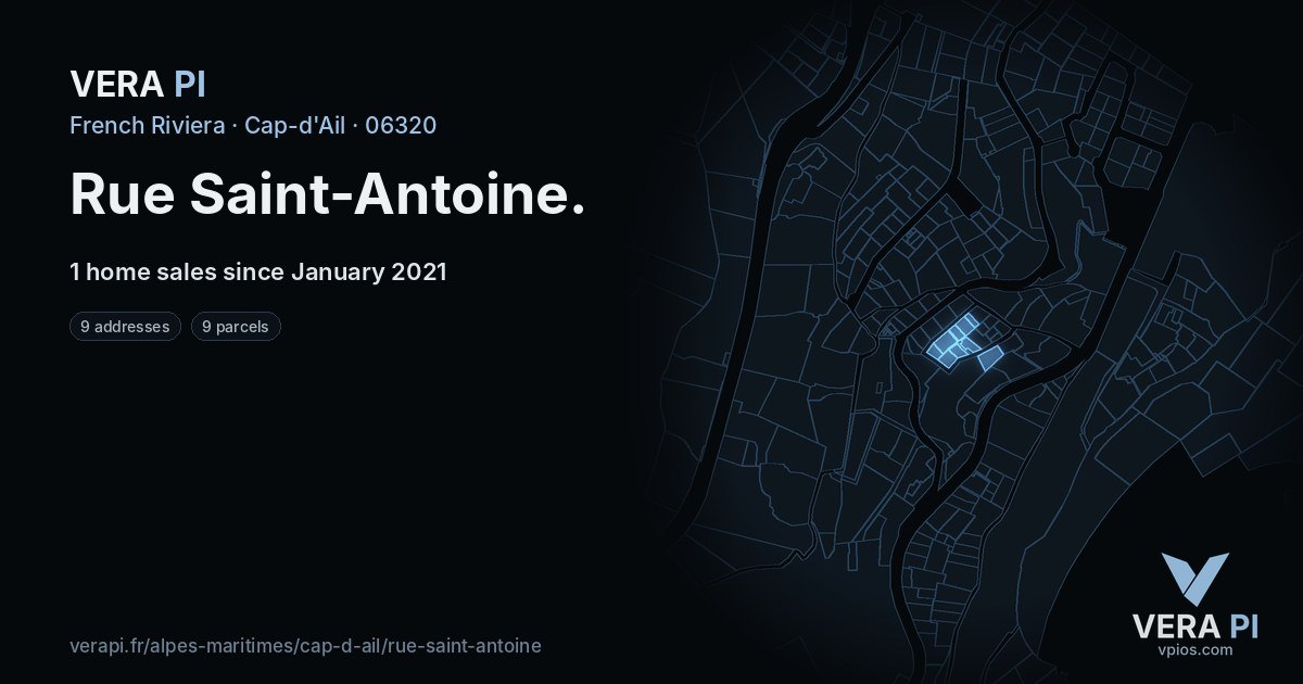 Rue Saint-Antoine, Cap-d'Ail at night – every parcel coloured by the prices around it, the street's own parcels lit
