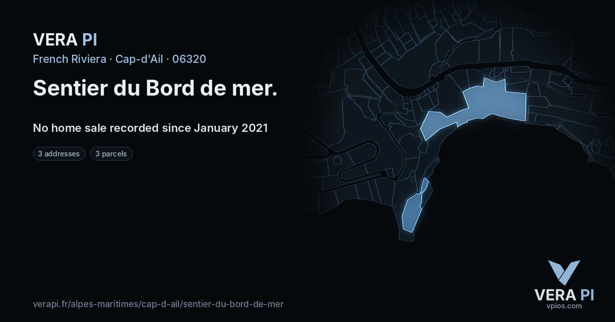 Sentier du Bord de mer, Cap-d'Ail at night – every parcel coloured by the prices around it, the street's own parcels lit