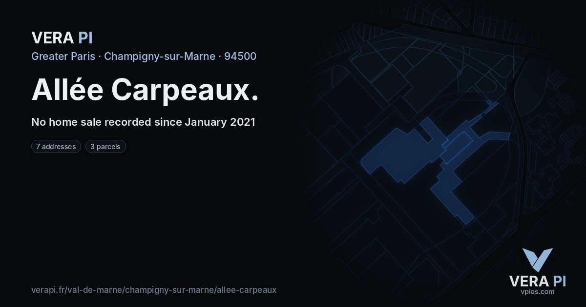 Allée Carpeaux, Champigny-sur-Marne at night – every parcel coloured by the prices around it, the street's own parcels lit