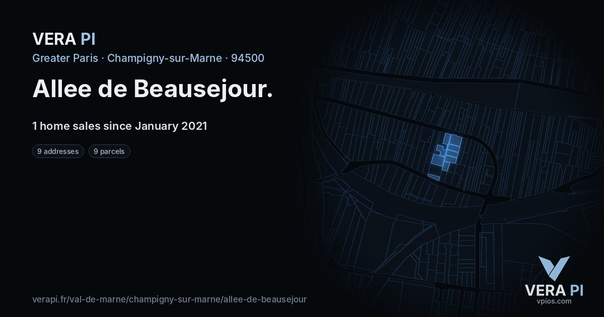 Allee de Beausejour, Champigny-sur-Marne at night – every parcel coloured by the prices around it, the street's own parcels lit