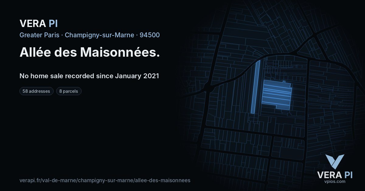 Allée des Maisonnées, Champigny-sur-Marne at night – every parcel coloured by the prices around it, the street's own parcels lit