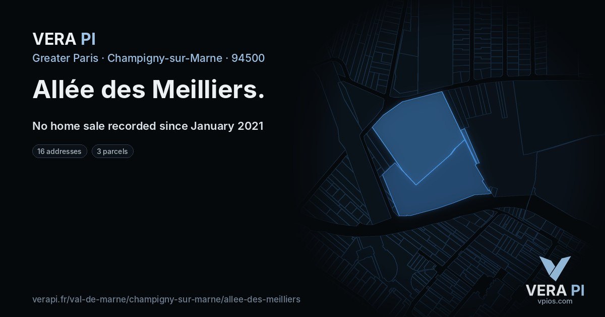Allée des Meilliers, Champigny-sur-Marne at night – every parcel coloured by the prices around it, the street's own parcels lit