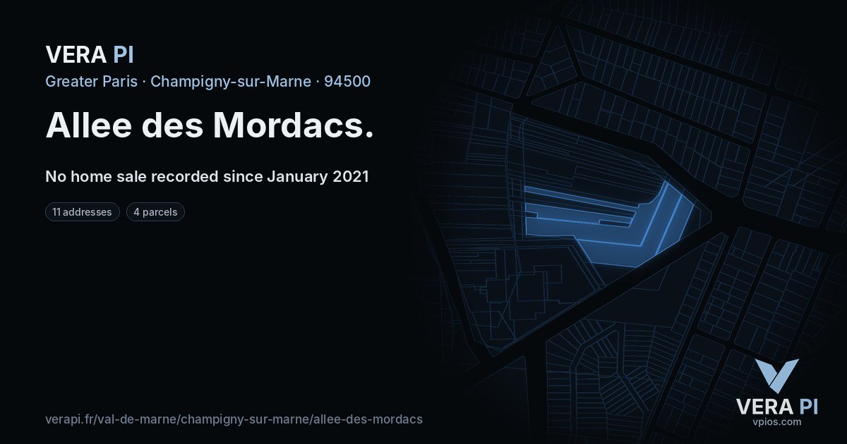 Allee des Mordacs, Champigny-sur-Marne at night – every parcel coloured by the prices around it, the street's own parcels lit