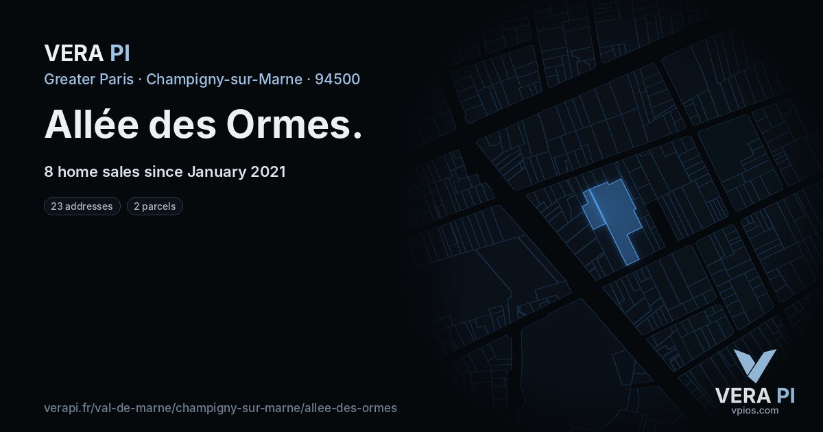 Allée des Ormes, Champigny-sur-Marne at night – every parcel coloured by the prices around it, the street's own parcels lit