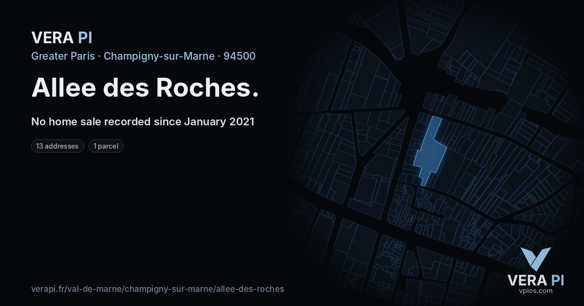 Allee des Roches, Champigny-sur-Marne at night – every parcel coloured by the prices around it, the street's own parcels lit