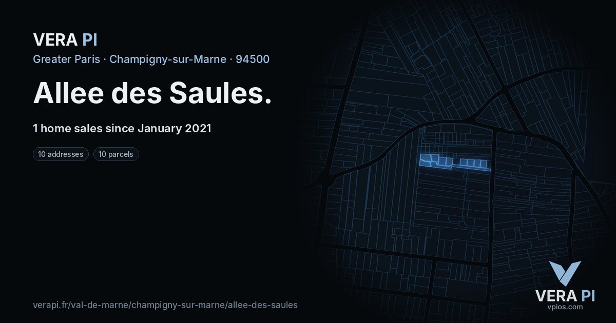Allee des Saules, Champigny-sur-Marne at night – every parcel coloured by the prices around it, the street's own parcels lit