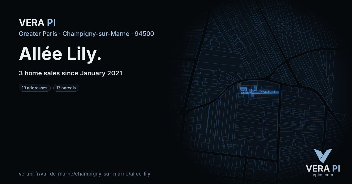 Allée Lily, Champigny-sur-Marne at night – every parcel coloured by the prices around it, the street's own parcels lit